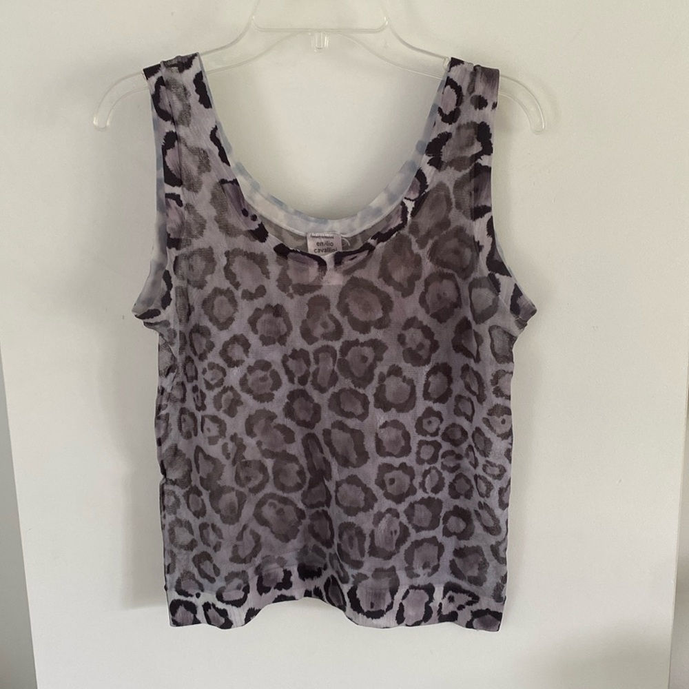 EMILIO CAVALLINI leopard PRINT MESH TANK TOP m/l ITALY sheer STRETCH stilnovo